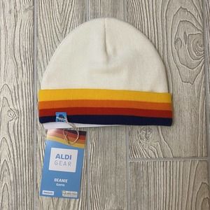 Aldi Gear 2023 Beanie Hat White Cuffed Logo Rainbow Stripes One Size Winter New